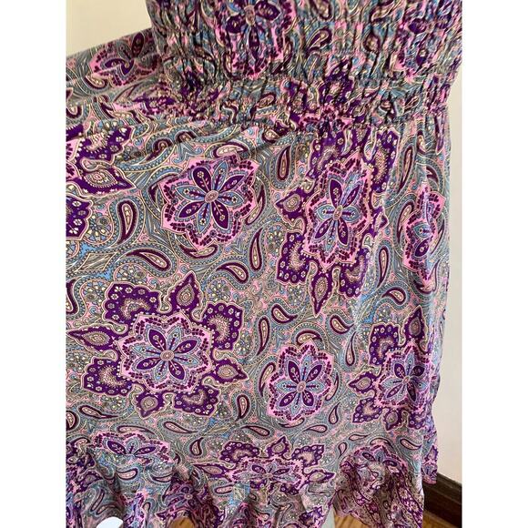 Indian VTG Silk Blend Paisley Floral Boho Sun Dress Flowing Fairy Bow Ruffle - Picture 8 of 14